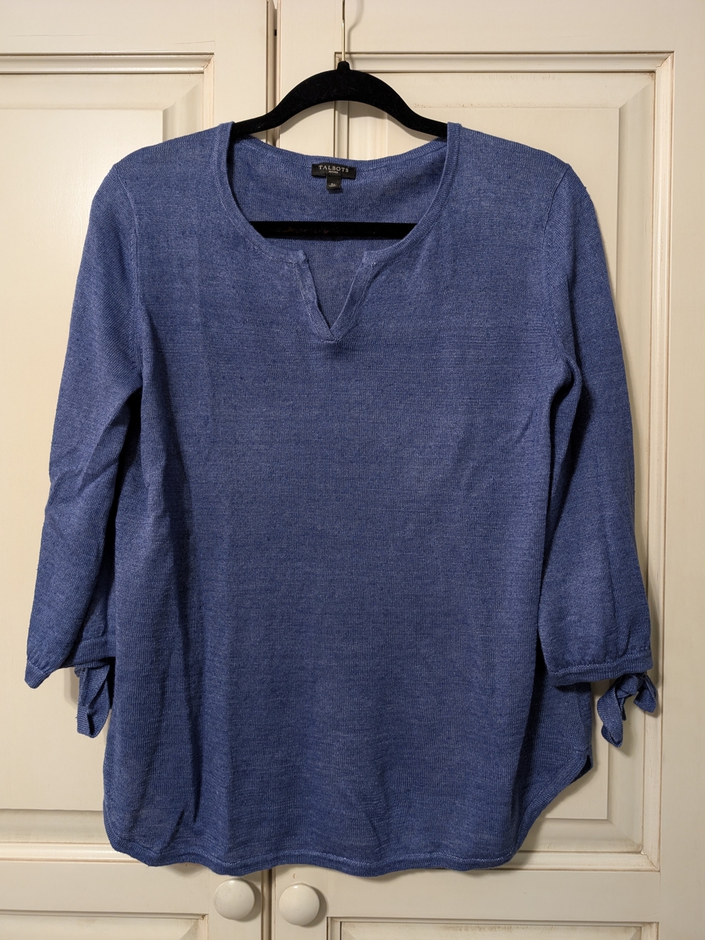 Talbots Hamptons Linen Blue Split-Neck Tie-Sleeve Knit Top